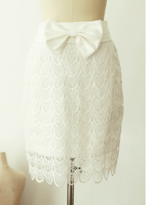 Ivory Lace Ruching Sash Knee Length Skirt